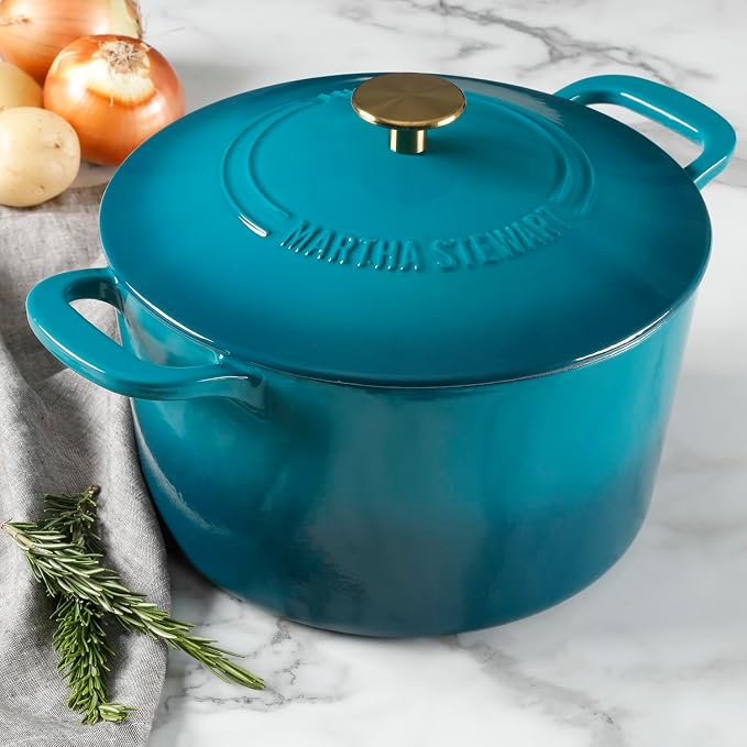 Martha Stewart Gatwick 7-Quart Enamel Cast Iron Dutch Oven – Emerald Ombre with Gold Knob – Durable Heavy-Duty Dutch Oven for Slow Cooking, Braising & Baking