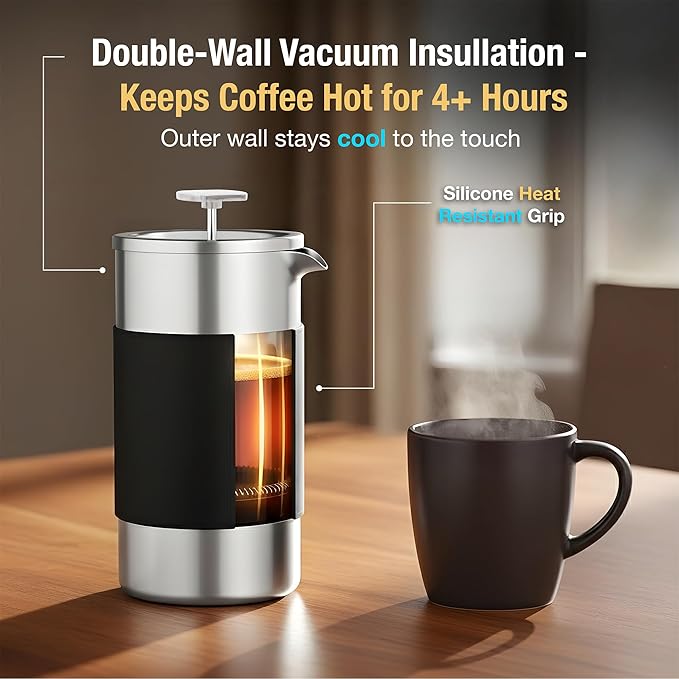 Small French Press Coffee Maker Set - 12 oz | Portable Travel French Press Coffee Maker | Double Wall Insulated with Dual Stainless Filters & 2 Steel Canisters for Grounds, Tea, Creamer & Sugar