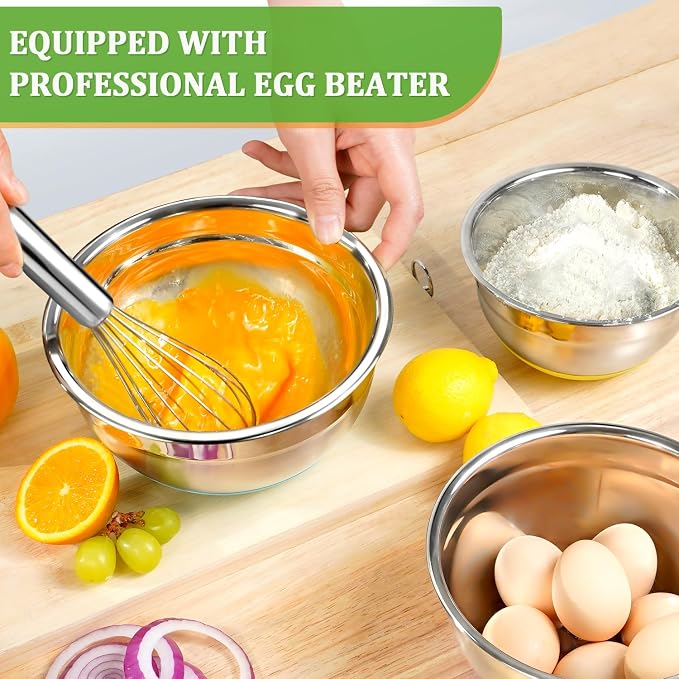 Mixing Bowls with Lids Set,10pcs Stainless Steel Mixing Bowls with Graters and Egg Whisk &Non-Slip Bottoms Food Prep Nesting Bowls for Baking, Cooking, Meal Storage(1.2QT-5.5QT)