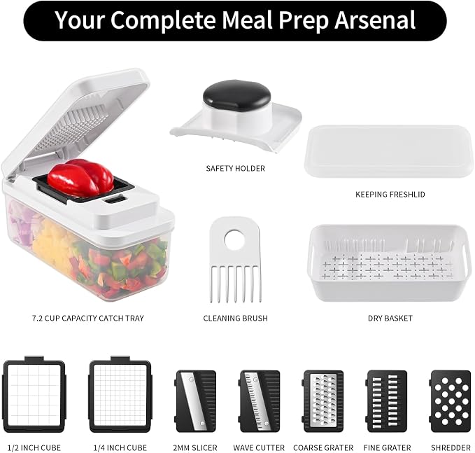 11-in-1 Vegetable Chopper 420 Food-Grade Stainless Steel Blades, 7.2 Cup Container with Colander, BPA & PFAS Free, Dishwasher Safe