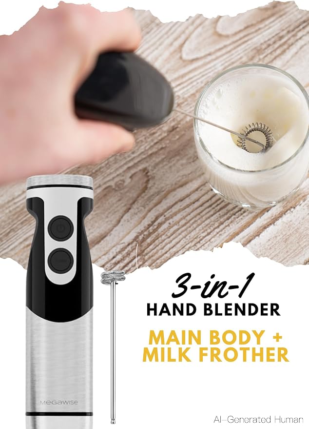 MegaWise Hand Blender, Immersion Blender Handheld 12-Speed with 80% Sharper Blades, Titanium Reinforced Stainless Steel 3-in-1 Immersion Blender,Includes Whisk and Milk Frother (3-in 1 Black)