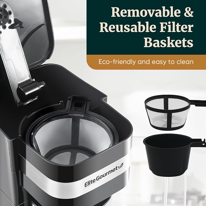 Elite Gourmet EHC113 Personal Single-Serve Compact Coffee Maker, Black | Includes 14oz stainless steel interior thermal travel mug, reusable filter - compatible with coffee grounds