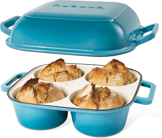 QuadPro Enamelled Cast Iron Bread Loaf Pot – Dutch Oven for Sourdough Bread Baking – 500°F Oven Safe Non Stick Bread Pot – 4 Round Loaf Spaces (4.90-inch Diameter), Light Blue – by Nuovva