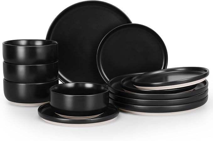 HaWare Dinnerware Sets, 12-Piece Plates and Bowls Set for 4, Matte Black