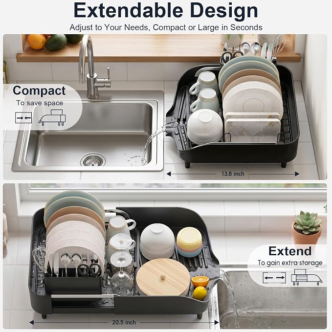 PULIDIKI Dish Drying Rack, Expandable Dish Rack for Kitchen Counter | Stainless Steel Dish Drainer with Utensil Holder, Kitchen Plate Organizer for Cup and Bottle