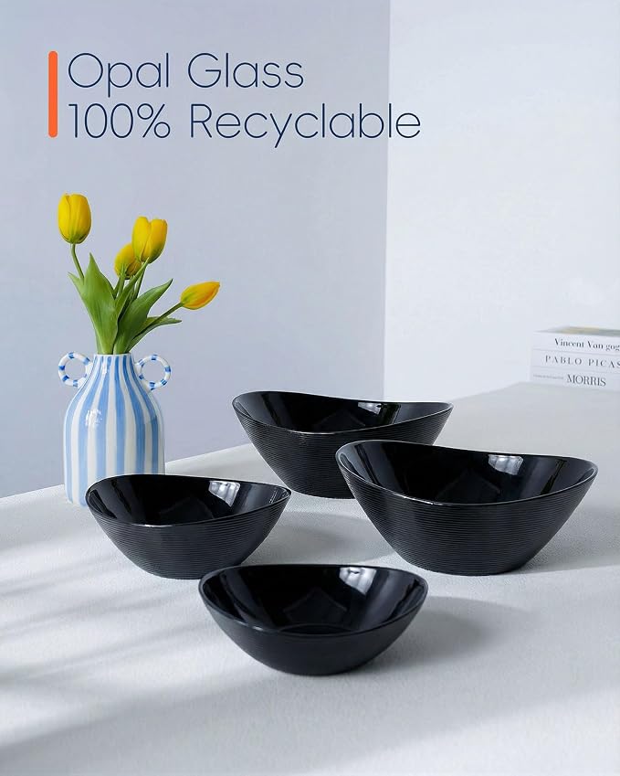 Oval Serving Bowls Set of 4, 15/20/43/66 OZ Black Opal Glass | Lightweight nesting bowls with microwave & dishwasher safe design, ideal for mixing, salad, fruit, pasta, dessert, meal prep