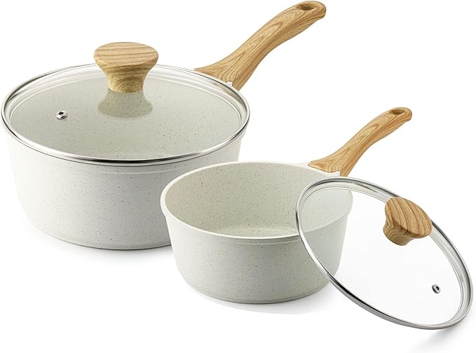 SENSARTE White Ceramic Nonstick Saucepan with Lid Set, Small Cooking Pot with Stay Cool Handle, Induction Compatible Saucepot, White Granite Coating, PFOA/PFAS Free, 1.5 + 2.5QT | Small Cooking Pot with Stay Cool Handle, Induction Compatible Saucepot, ...