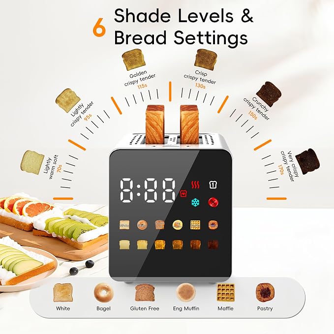 WUNLY Smart Touchscreen 2 Slice Toaster, Wide Slot, Memory & Single-Slot | Digital Timer, Extra Wide Slot for Bagels, 6 Shade Levels & 6 Bread Settings, Reheat, Defrost, Favorite, Silver
