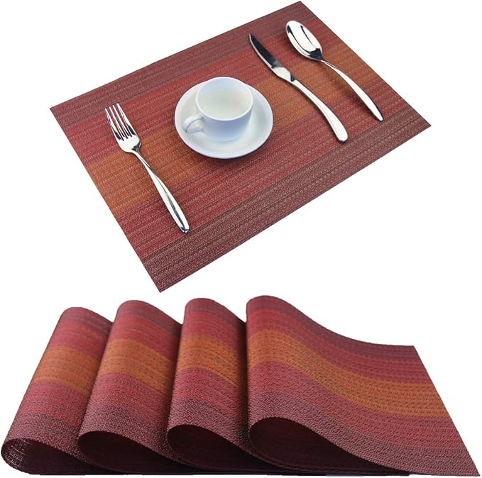 Placemats Washable Easy to Clean PVC Placemat for Kitchen Table Heat-resistand Woven Vinyl Hard Table Mats 12x18 inches Set of 4 (Red)