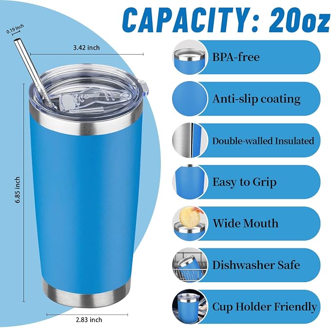 20 oz Tumbler with Lids and Straws, Stainless Steel Insulated Travel Coffee Mug, Double Wall Vacuum Insulated Tumblers, Powder Coated Coffee Tumbler for Cold & Hot Drinks (Sea Blue)