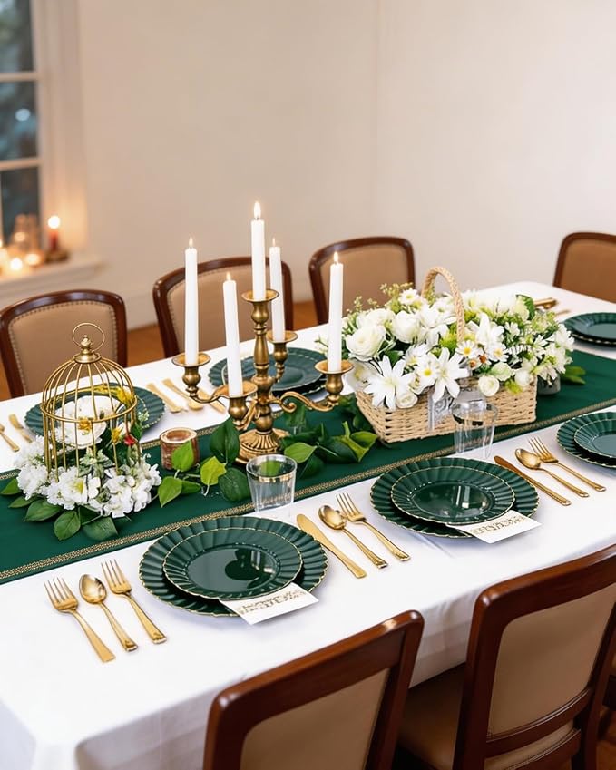 YOUBET 175PCS Green Scalloped Plastic Plates for Party Wedding | Green and Gold Disposable Dinnerware Set Include 50 Plates, 75 Gold Silverware, 25 Cups, 25 Napkins