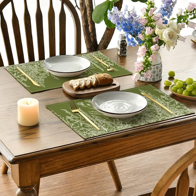 Artoid Mode Antique Herbs and Wild Flowers Spring Placemats Set of 4, 12x18 Inch Seasonal Sage Green Summer Table Mats for Party Kitchen Dining Decoration