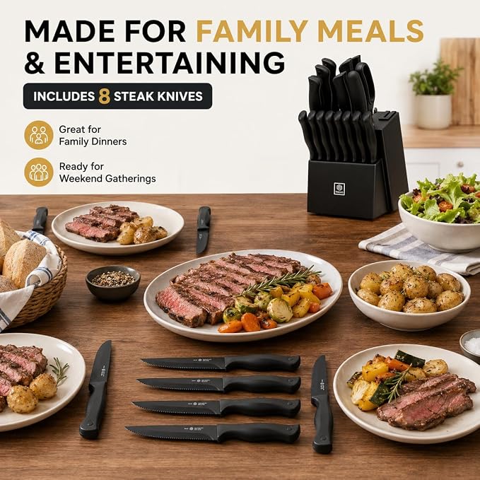 19-Piece Kitchen Knife Set with Block and Built-In Sharpener, Black | High-carbon stainless steel blades, nonstick coating, ergonomic handles and dishwasher-safe care