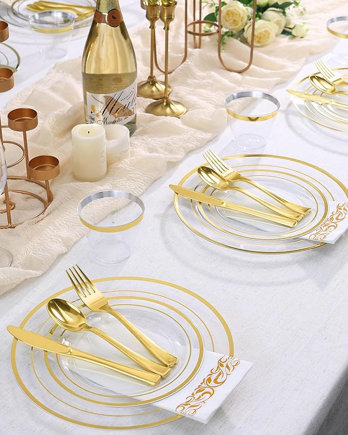 350 Pieces Clear Gold Disposable Dinnerware Set for 50 Guests | Heavy Duty Plastic Plates Include: 100 Gold Rim Dinner Plates, 50 Paper Napkins, 50 Cups, 50 Plastic Silverware Set