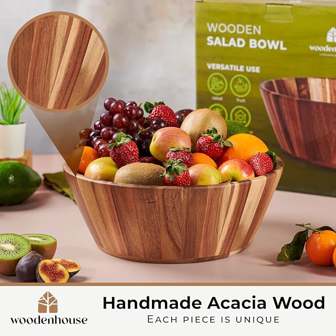 Wooden Salad Bowl, 12" Round Wood Bowl for Fruit & Serving | Handmade, Durable & Stylish Natural Dining Accessory – Elegant Design for Any Table