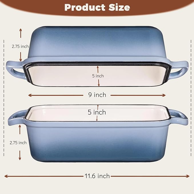 Cast Iron Loaf Pan with Lid, 9x5 Loaf Pans for Homemade Bread | Cast Iron Bread Pan for Sourdough Baking, 9x5 Loaf Pan with 2-In-1 Design, Even Heat Distribution, Sea Salt Enameled