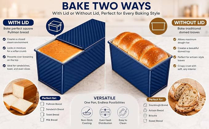 Bread Loaf Pan with Lid-2Pack, 2.2LB & 1LB | Food-Grade Nonstick Coating, Easy Release, Perfect Loaf Shape, Corrugated Design, Oven Safe up to 450°F