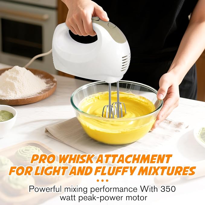 Showvigor Electric Hand Mixer with 5 Stainless Steel Whisks,5 Speed, White | Portable Kitchen Mixer Electric Whisk, Food Beater for Whipping Mixing Cookies