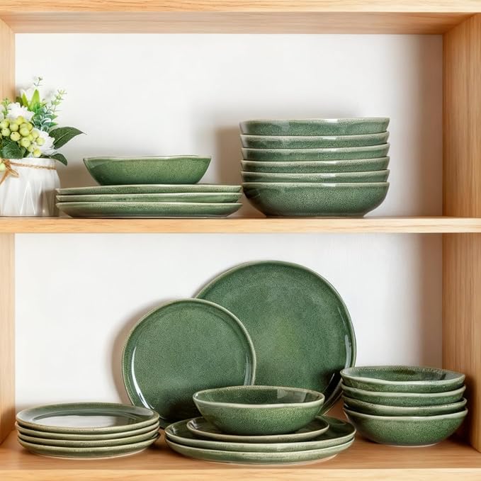 AmorArc Ceramic Dinnerware Sets for 8, 24Pcs Plates and Bowls Sets Dishes | Stoneware Handmade Reactive Glaze Dinner Set, Highly Scratch Resistant | Dishwasher & Microwave Safe Dishware