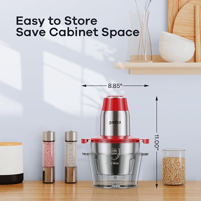 Ganiza Food Processors with 2 Bowls, 450W Meat Grinder Vegetable Chopper | 2-Speed Electric Food Chopper with 8 Cup Glass & 8 Cup Stainless Steel Bowls -Includes 2 Sets of Blades for Fruits/Meat/Nuts