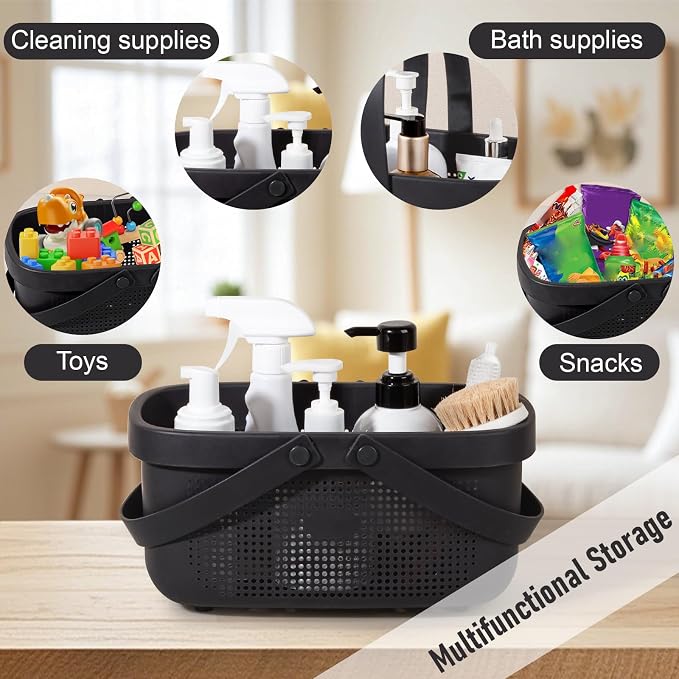 Portable Shower Caddy Basket with Handles Plastic Storage Basket Black | Sturdy Drainage Large Capacity Organizer Basket with Silicone Handles for Bathroom Kitchen Bedroom College Dorm Essentials