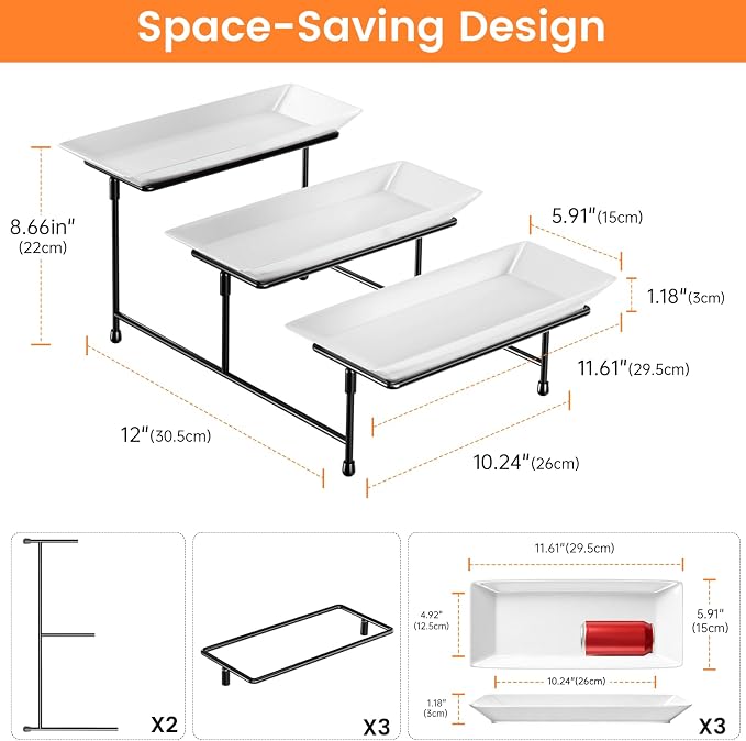 3 Tier Serving Tray, 12'' Collapsible BPA Free Dessert Stand, Black | 3-Tier Serving Platter. BPA-Free, Shatterproof. Steel Frame, Collapsible. Ideal For Parties, Weddings, BBQ & Holiday Events.