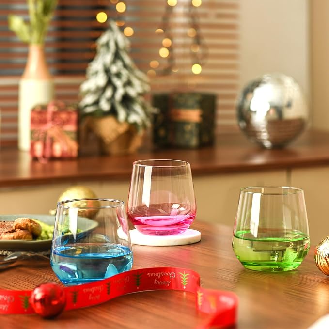 Stemless Wine Glasses Set of 6 - Hand Blown Colored Short Wine Tumblers - 15 oz Elegant Sparkling Wine Glass - Unique Gift for Birthday,Wedding, Father’s Day
