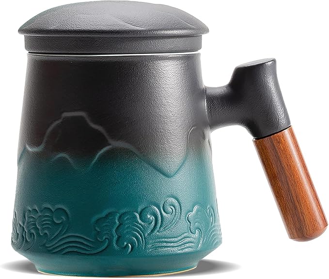 ZENS Tea Mug with Infuser and Lid for Loose Leaf Tea Steeper, 15oz Green | Embossed Ceramic Tea Cup with Infuser for Herbal Tea Difussers, Tea Lovers Gifts, Nature Wood Handle