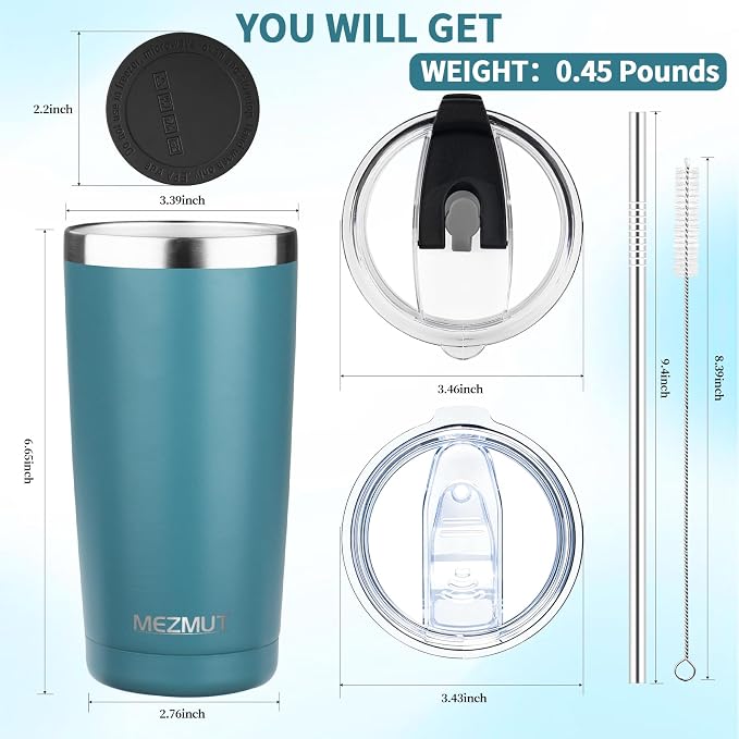 MEZMUT 20oz Insulated Tumbler Travel Coffee Mug with Lid Straw(Maya Blue,1) | 18/8 Stainless Steel Double Wall Vacuum Spill Proof Metal Insulated Tumbler with Daul Lid and Straw, Hot or Iced Coffee Cup