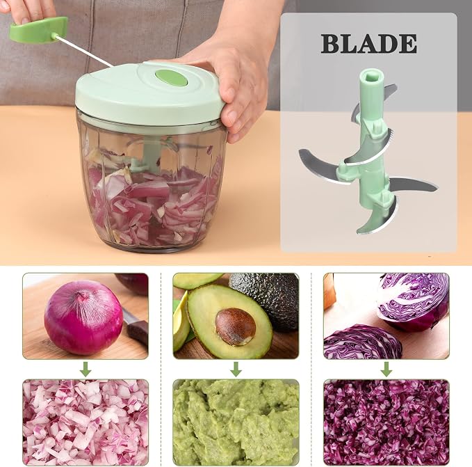 Cambom Manual Food Chopper Vegetable Cutter, Hand String Vegetable Chopper Onions Cutter for Vegetable Fruits Nuts BPA Free Food Safe Material, 900ml Green