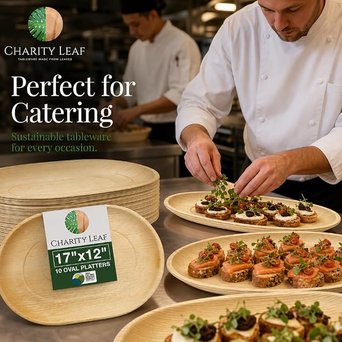 Disposable 17" x 12" Bamboo Trays (10 pieces) Bamboo Serving Platters, Disposable Boards, Eco-Friendly Dinnerware For Weddings, Catering, Events
