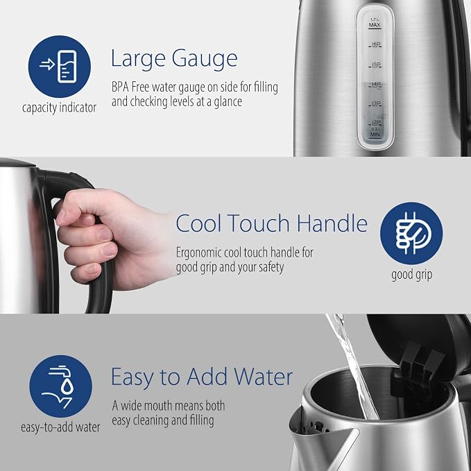 COMFEE' Stainless Steel Electric Kettle, 1.7 Liter Tea Kettle Electric & Hot Water Kettle, 1500W Fast Boil with LED Light, Auto Shut-Off and Boil-Dry Protection (Pack of 6)