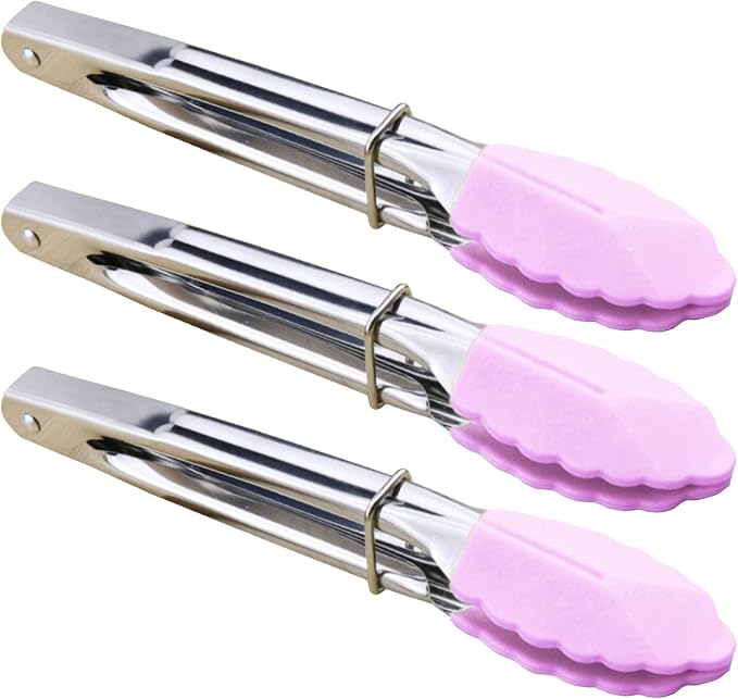 HINMAY 7-Inch Serving Tongs with Silicone Tips, Set of 3 (Pink) | 7-Inch Clam Shell Mini Tongs