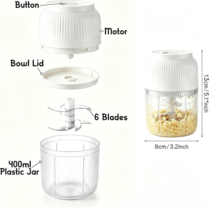 Electric Garlic Chopper, 400ML Upgrade Mini Food Processor & Food Chopper for Kitchen, Portable Cordless Garlic Mincer with 6 Stainless Steel Blades, for Garlic,Onion,Ginger,Chili,and Fruit (blue)