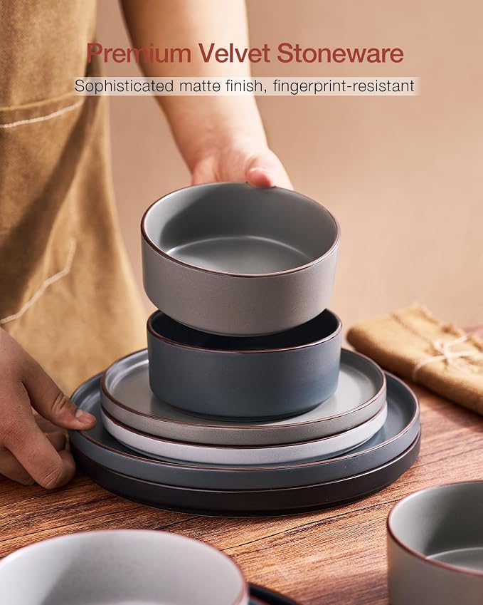 Famiware Nebula Ridge 12-Piece Stoneware Dinnerware Set, Multi-color | Plates and Bowls for 4, Warm Hand-Painted Rims, Microwave and Dishwasher Safe, Daily Essentials