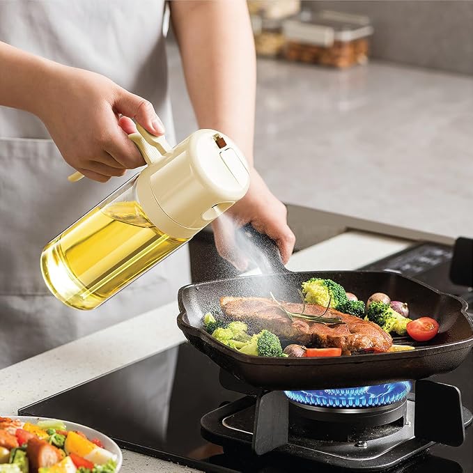 Glad 2 in 1 Oil Dispenser, 18.6oz/550ml - Olive Oil Sprayer for Cooking, Pouring Salad Dressing, and Grilling - Kitchen Gadget with Refillable Glass Bottle, Handle, and Mist or Pour Options - Beige