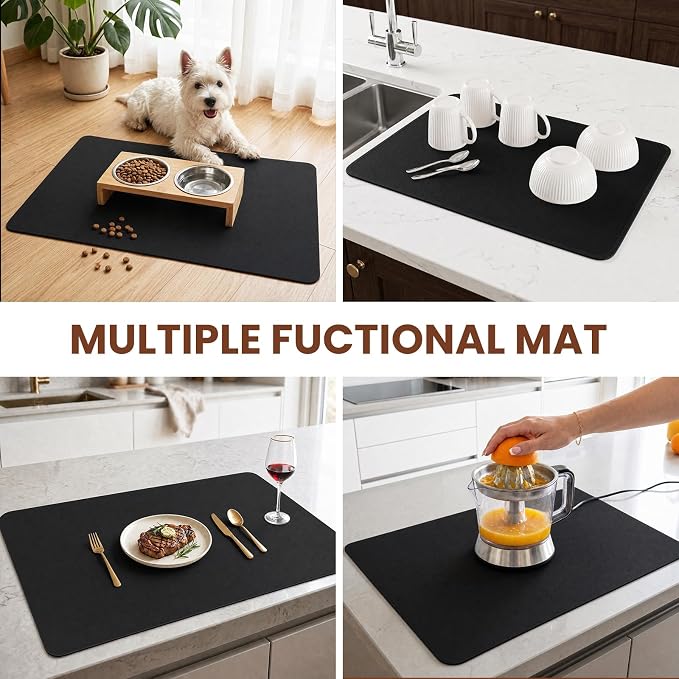 Coffee Mat Dish Drying,Non-Slip Easy Clean Sink Mat,Heat-resistant ,Fit Under Coffee Maker, Espresso Machine, Pot, Dish Rack (black, 16"x20")