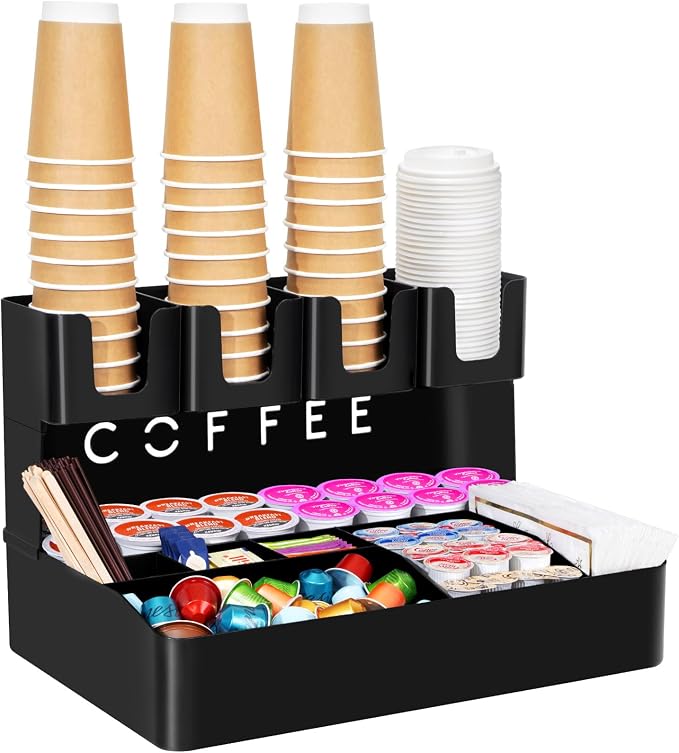 Lifewit 2-tier Coffee Station Organizer, 11 Compartments, Black, Plastic | Countertop Coffee Bar Organizers for Cups, Pods, Sugar, Condiment Holders Storage for Office Breakroom Kitchen Home