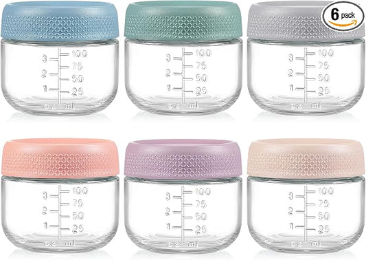 NETANY 6 Pack 4 oz Glass Baby jars with Airtight Lids, Glass Baby Food Storage Containers,Overnight Oats Containers with Lids | Microwave, Dishwasher & Freezer Safe | Includes 10 Labels