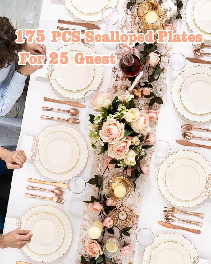YOUBET 175PCS Ivory Scalloped Plastic Plates with Rose Gold Rim for Party | Rose Gold Disposable Dinnerware Set Include 50 Plates, 75 Rose Gold Silverware, 25 Cups, 25 Napkins for Wedding Baby Shower