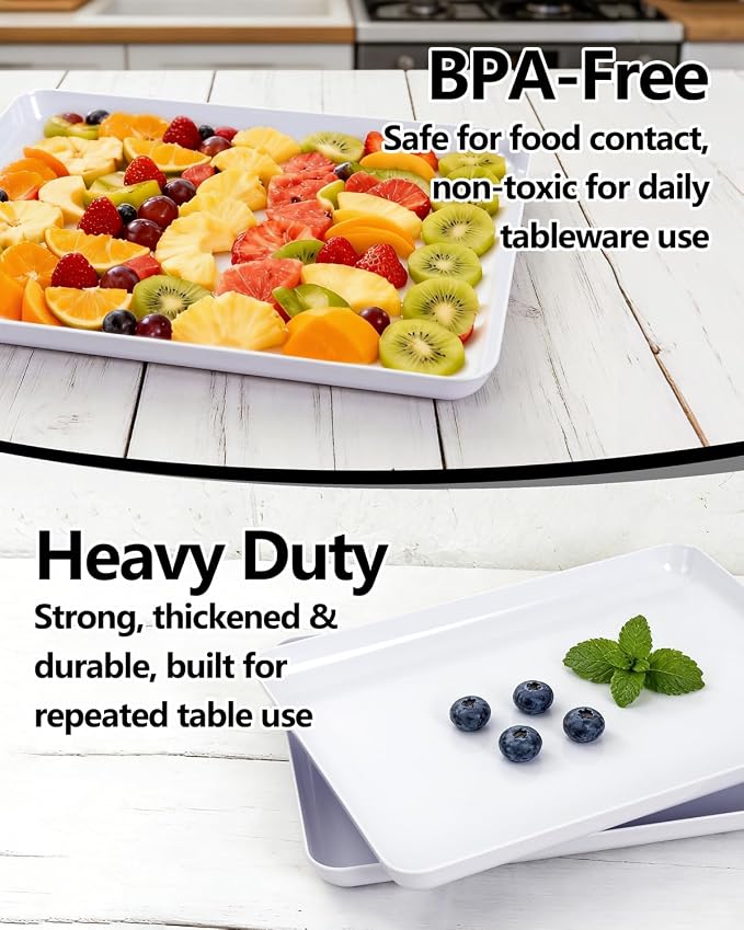 YOUBET 4PCS White Plastic Serving Trays for BBQ, Picnic, Party, Wedding | Plastic Trays for Serving Food - Super Strong Disposable Platters, Heavy Duty Plastic Trays