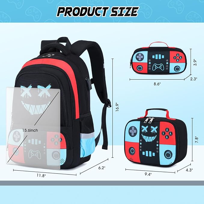 Backpack for School Boys, Cool Luminous Gamer Boys Schoolbag | with Lunch Box & Pencil Case Set for Kids Teens Elementary Middle School, Bookbag Glow In The Dark