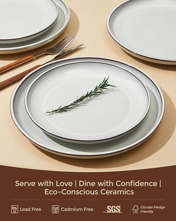 24 Piece Stoneware Dinnerware Set for 8, Moonstone White Plates and Bowls Set, Reactive Glaze Ceramic Dish Set, Durable & Chip Resistant, Modern Rustic Look, Microwave & Dishwasher Safe