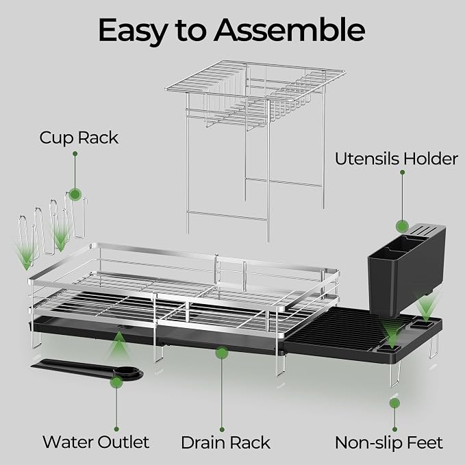 Large 2 Tier Dish Drying Rack, Extendable Dish Rack, Stainless Steel Anti-Rust Dish Rack for Kitchen Counter, Multifunctional Dish Drainer with Utensil & Cup Holder, 13.4"-28.7" L x 11.8" W