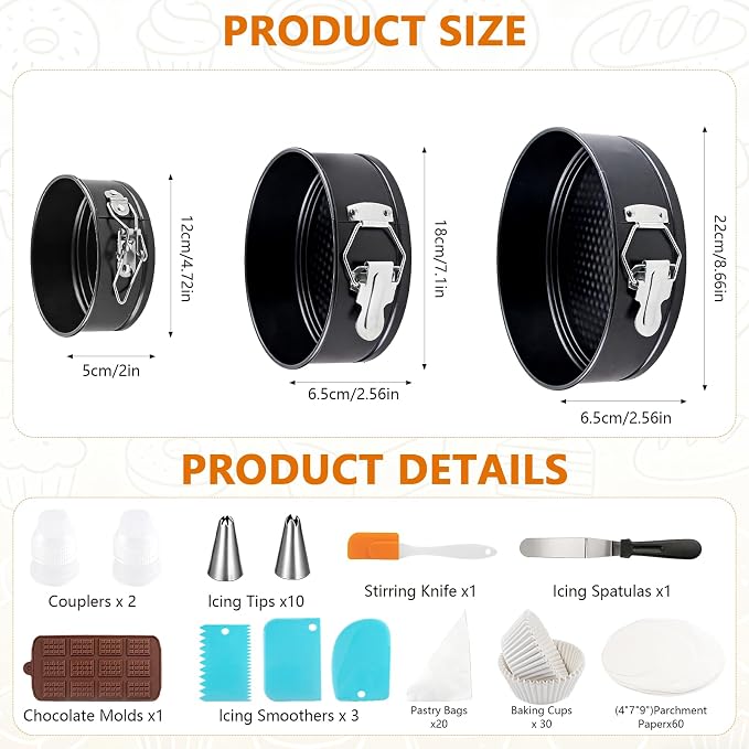131Pcs Springform Pan Cake Pan Sets for Baking Non-Stick Cake Decorating Kit (4, 7, 9 Inch), Piping Bags and Tips Cheesecake Bakeware Baking Tools Parchment Paper & Manual