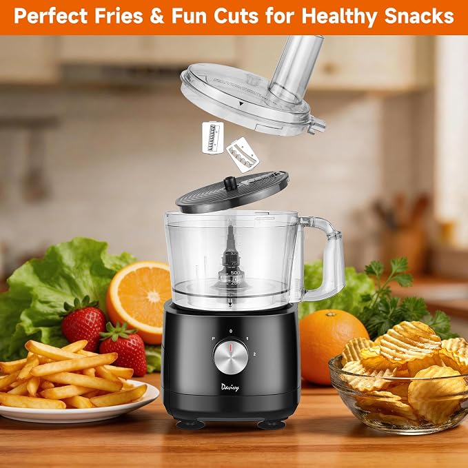 Davivy 7 Cup Food Processor with Storage，10-in-1 for Cheese, French Fries | Large Vegetable Chopper, Dough Kneader, Meat Chopper,Salad, Salsa, Wavy Slicer,Healthy Snacks, Meal Prep, Dishwasher Safe