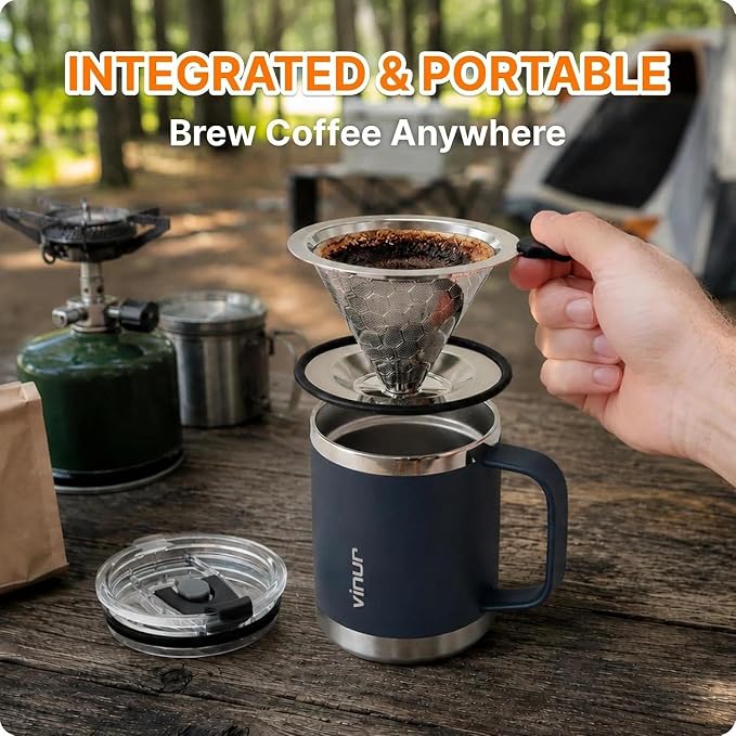 Pour Over Coffee Maker-12 oz Insulated Mug With Stainless Steel Filter | Stainless Steel Double Wall Vacuum Insulated Coffee Maker With Stainless Steel Filter for Home, Camping, Office (Slate Blue)