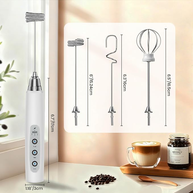 Colarlemo Milk Frother Handheld Rechargeable, Frother Wand Drink Mixer Electric Whisk for Coffee, Detachable With 3 Stainless Whisks, Hand Mixer for Lattes, Cappuccino, Matcha, Egg, No Stand, White