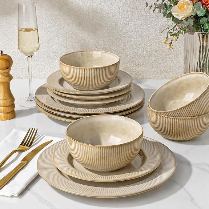 GBHOME Ceramic Dinnerware Sets of 4,12 pcs Plates and Bowls Sets Dishes | Embossed Elegant Stoneware Dishes Set | Dishwasher & Microwave Safe | Service for 4