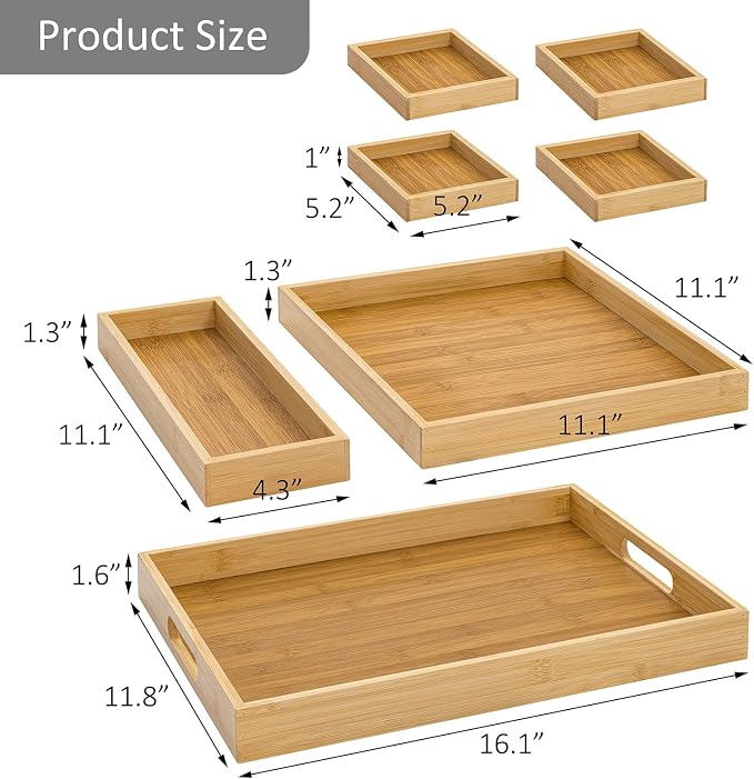 RRX Wood Serving Trays with Handles, Set of 7 Rectangular Tray, Beige | Nesting Bamboo Tray for Breakfast in Bed, Kitchen, Entertaining, Couch, Party, Platters, Coffee Table, Countertop Home Decor
